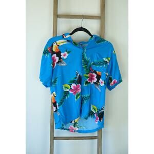 Vintage Hawaii Blues Tropical Hawaiin Shirt Button Up Blue Toucan Floral Size M